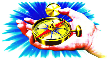 Golden Compass in Navigator's Hand, Elegant Brass Design with Ruby Red Needle