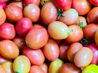 A pile of small, oval-shaped tomatoes, both ripe and unripe, ranging from deep red to light red or yellow