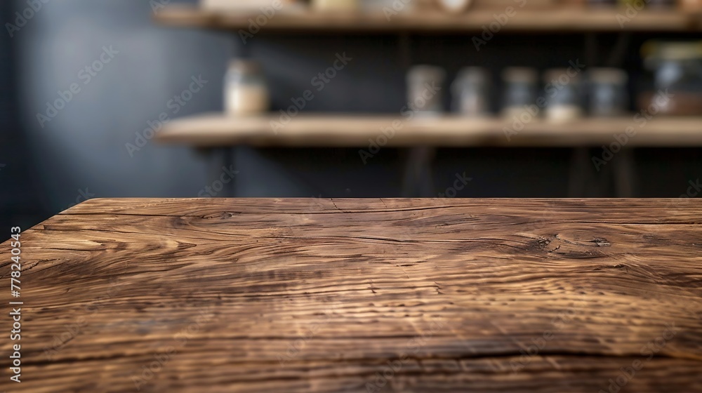 Poster generative ai : closeup top wood table with blur background, for your photo montage or product displ