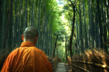 A rear view of a monk walking in a bamboo forest