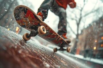 A skateboarder executing a daring mid-air trick on a vertiginous half-pipe ramp, their skateboard adorned with eye-catching graphics, the sound of wheels against wood echoing in the skatepark - obrazy, fototapety, plakaty