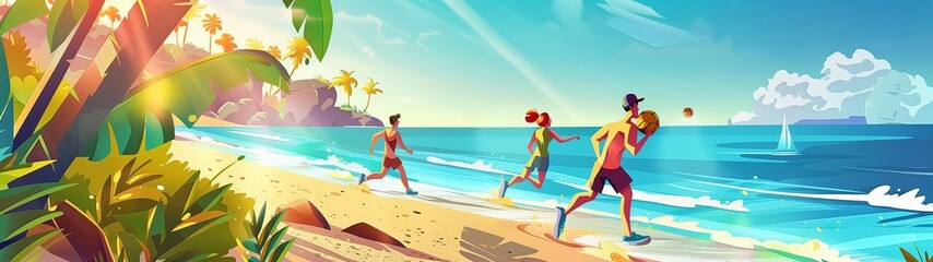 A wide background with summer illustrated art about playing on the beach and relaxing - obrazy, fototapety, plakaty