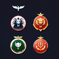 Heraldic icons set with golden crown, dragon head, laurel wreath, eagle and shield