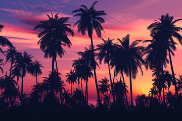 Beautiful sunset on the sea coast. Sunlight filters through a large number of palm trees. Summer background
