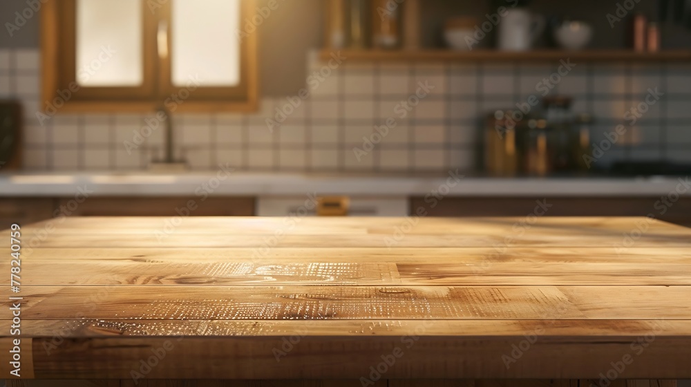 Poster Generative AI : Wood table top on blurred kitchen background. can be used mock up for montage products display or design layout