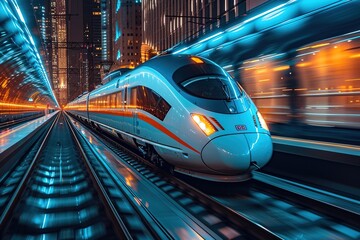 A sleek high-speed train racing through a modern cityscape, passengers inside enjoying a smooth ride