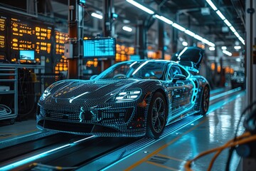 A state-of-the-art autonomous vehicle parked in a sleek, high-tech garage, with an automated robotic arm performing routine maintenance, while a digital dashboard displays diagnostics