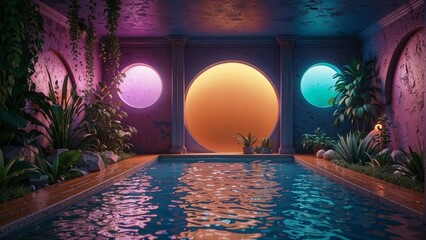 Beautiful swimming pool in the garden at night, vintage color tone