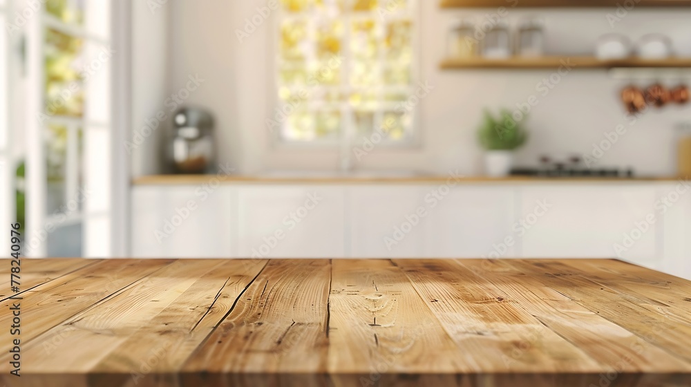 Poster generative ai : empty beautiful wood table top counter and blur bokeh modern kitchen interior backgr