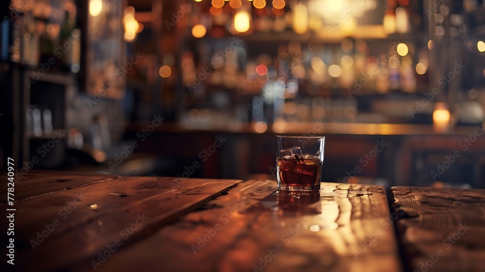 Poster Generative AI : Liquor bar background in softfocus with woonden table