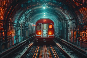 A subway train entering an underground tunnel, illuminated by overhead lights - obrazy, fototapety, plakaty