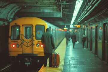 A taxi cab driver assisting passengers with luggage at a busy train station - obrazy, fototapety, plakaty