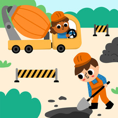 Vector road work landscape illustration. Scene with kid driver in concrete mixer and worker digging a hole. Cute repair service or construction site square background with funny vehicle.