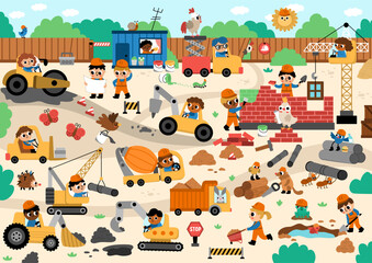 Vector construction site and road work landscape illustration. Building scene with funny kid builders, transport, bulldozer, tractor, truck, crawler crane, animals. Cute repair service background.