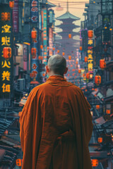 Naklejka premium A rear view of a monk walking at a busy street