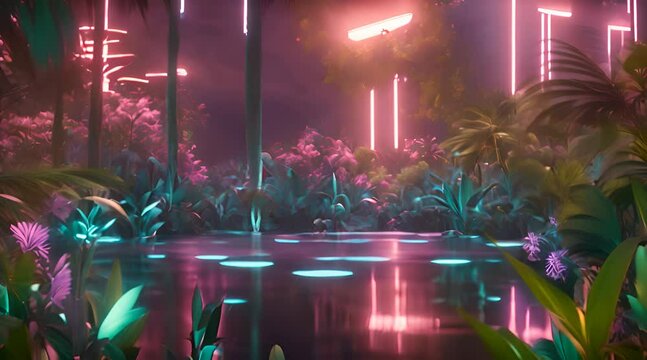 Urban Oasis, A Splash of Neon Light in a Tranquil Pond Garden