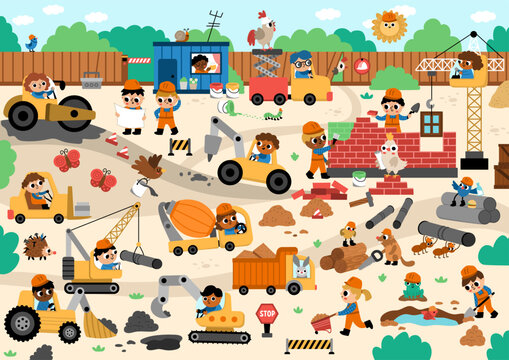 Vector construction site and road work landscape illustration. Building scene with funny kid builders, transport, bulldozer, tractor, truck, crawler crane, animals. Cute repair service background.