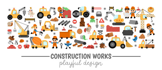 Vector construction site horizontal border set with kid builders, transport, tractor, crane, animals. Building works card template design for banners, invitations. Cute repair service illustration.