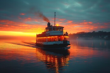 A tranquil harbor scene at dawn, with a traditional ferryboat navigating calm waters, passengers savoring the serenity of the early morning as they disembark
