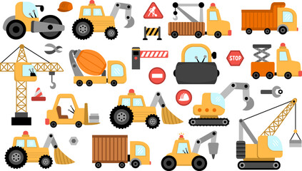 Big vector special transport set. Construction site, road work, building transport icons with bulldozer, tractor, truck, crawler crane, loader, digger, concrete mixer. Cute repair service vehicles.