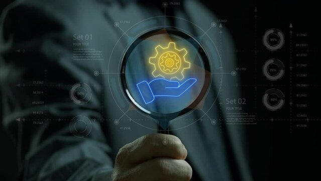 Concept for teamwork, target, motivation, mission, achievement, growth and success business. Manifying glass focus on animation of neon line human hand holding cogwheels icon.