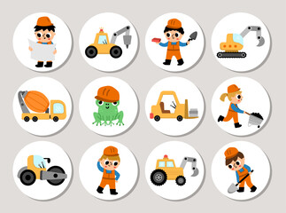 Cute construction site and road work round cards set with funny kid builders, transport, concrete mixer, tractor, animals. Vector building works highlight icons. Repair service design for tags.