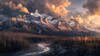 An epic, sweeping landscape view of the rugged Rocky Mountains at sunrise, with dramatic clouds pierced by golden rays, snow-capped peaks