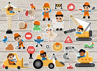 Big vector construction site and road work stickers set. Building patches collection with funny kid builders, transport, bulldozer, tractor, truck, crawler crane, animals on wooden background.