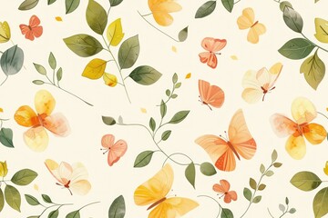 Watercolor butterflies, leaves and flowers seamless pattern on a beige background for design purposes