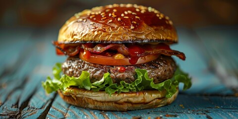 Hamburger on a wooden background