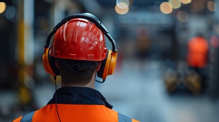 Safety first, health and safety warning Construction worker wearing Safety Ear Muff soundproofing equipment working at factory - obrazy, fototapety, plakaty