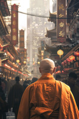 A rear view of a monk walking at a busy street