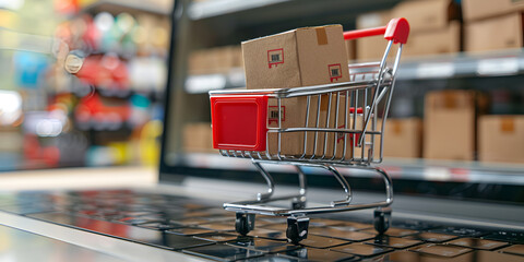 shopping cart in supermarket, A miniature handcart rolls across a keyboard, Product package boxes and shopping bag in cart with laptop computer which web store shop on screen for online shopping