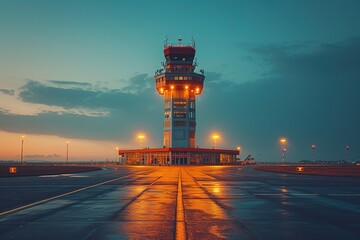 Airport Control Tower Control tower overseeing air traffic at a major airport - obrazy, fototapety, plakaty