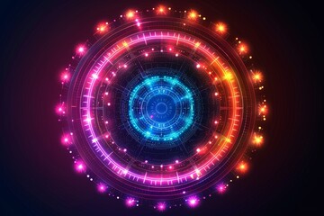 Obraz premium Abstract circular geometric pattern, illuminated in multicolor neon colors.