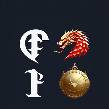 Gold dragon, compass and letter F isolated on black background. illustration.