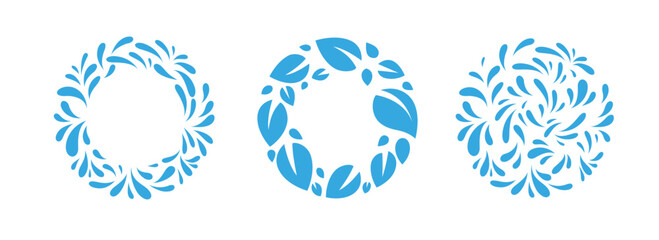 Set of round emblem design template in trendy style with leaves and splashes.
