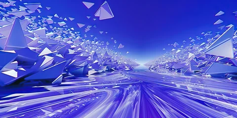 Tableaux ronds sur aluminium Bleu foncé Violet Vortex: Navigating the Surreal Landscape of Triangular Dreams The photo transports viewers into a surreal landscape filled with triangular shapes in shades of violet. These shapes form a swirli