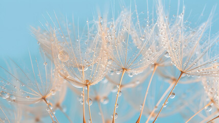 Closeup of dandelion seeds with water drops on them