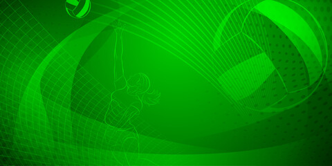 Volleyball themed background in green tones with abstract lines, curves and dots, with a female volleyball player hitting the ball