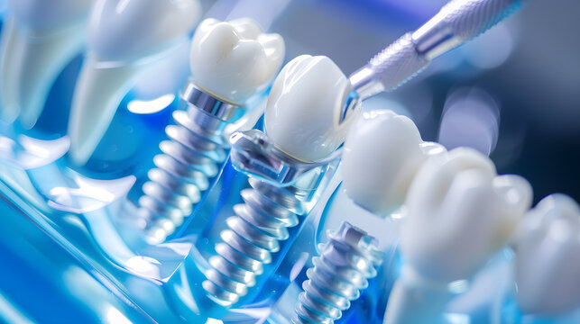 Closeup of dental implants and tools on model teeth