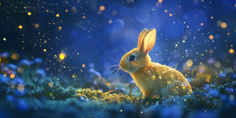 Cute yellow rabbit surrounded by glowing particles in the style of holographic fantasy background