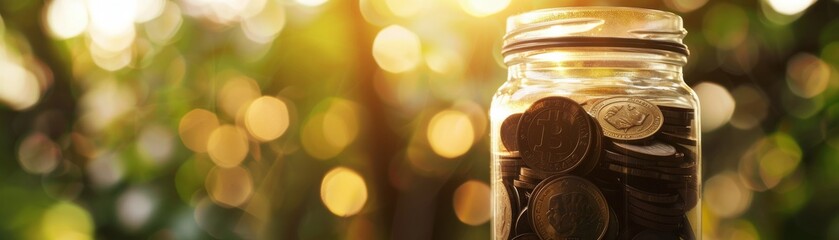Retirement savings jar filled with coins, soft light, closeup, secure future concept no dust - obrazy, fototapety, plakaty