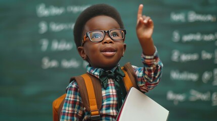 Back to school. Funny little boy African in glasses pointing up on blackboard. Child from elementary school with book and bag. Education. Concept of lifelong learning - obrazy, fototapety, plakaty