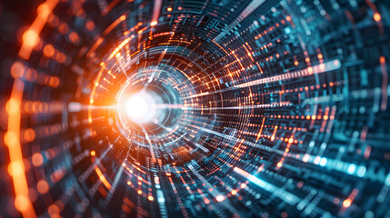 Digital technology background with glowing light effect and digital tunnel