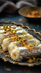 A platter of coconut malai rolls, filled with creamy coconut filling and garnished with edible silver foil and chopped pistachios, delicious food style, blur background, natural look