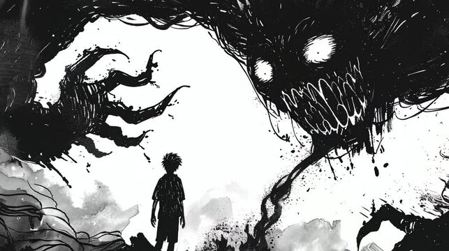 horror scene with a boy and a monster demon, black and white anime art