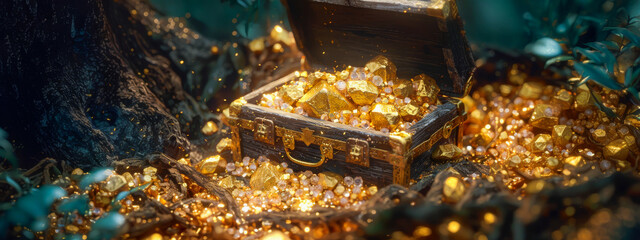 Treasure chest overflowing with gold coins - obrazy, fototapety, plakaty