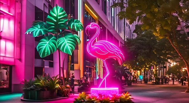 A Beacon in the Blooms, Neon Flamingo Statue Illuminates a Flower Bed at Night