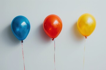 Colorful balloons arrangement on white background with red, yellow, and blue balloons in the center